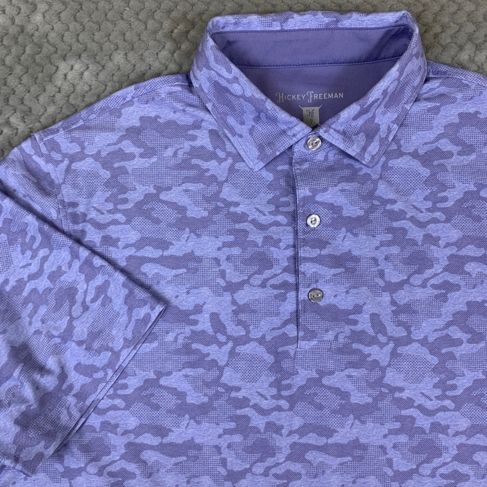 Hickey Freeman Golf Polo Shirt Mens Medium Purple Camo Stretch Performance Short
